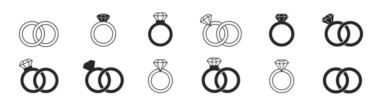 Wedding ring icon set, engagement and marriage symbols with diamond jewelry, love and romantic celebration elements on transparent background