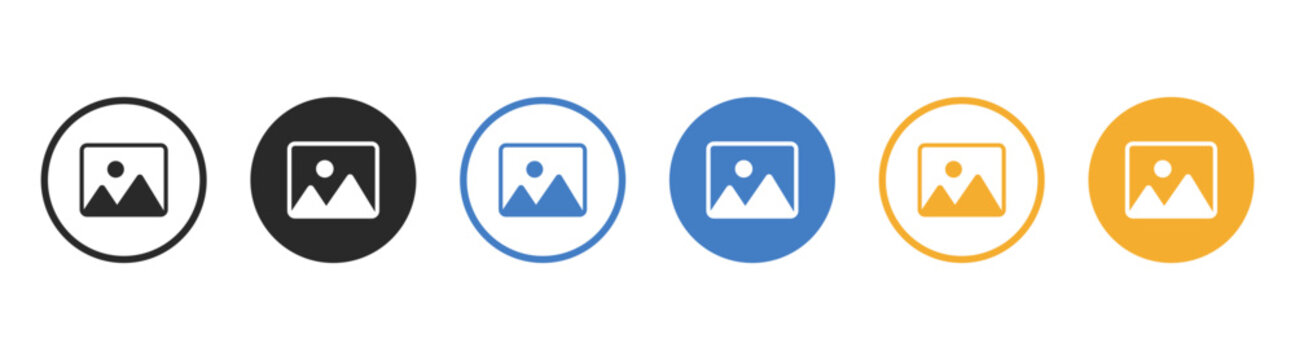 Image icon set in circle style, photo and picture symbols, media gallery placeholders, user interface elements on transparent background