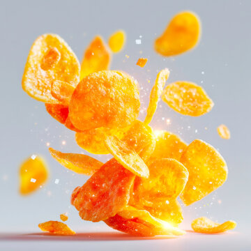 Crispy Golden Potato Chips Levitating In Air With Scattered Salt Crystals On Neutral Background