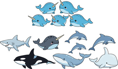 Cute cartoon whales, dolphins, narwhals and shark illustration set, marine animals collection, ocean wildlife vector © EdGe Creative