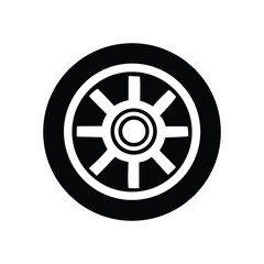 Fototapeta premium Black and white circular wheel icon with a central hub and eight spokes, perfect for automotive or industrial themes