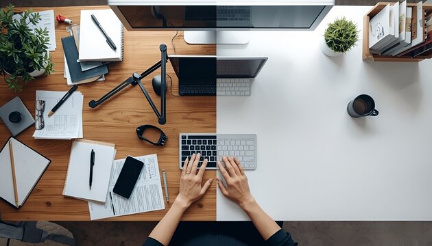 Split composition showing messy desk vs clean minimal desk, top view, productivity transformation concept