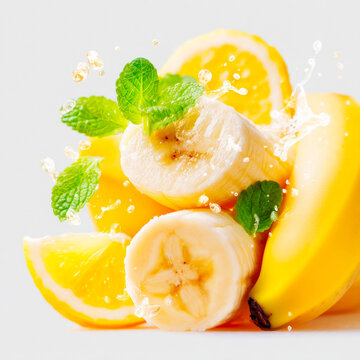 Fresh Banana Slices And Orange Fruit Splashing In Milk And Water On White Background