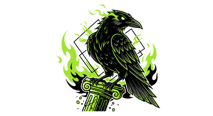 Obraz premium Gothic Black Raven Mascot Perched on Ancient Greek Column with Mystical Green Fire Flames, Vector Fantasy Illustration