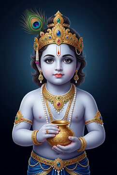 Sacred child portrait holding golden pot for vishu and sri krishna birthday during hindu festivals like janmashtami and divine spiritual indian religious art on blue