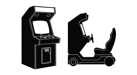 Black and white illustration of arcade racing game machines © Rabbi
