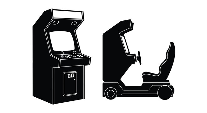 Black and white illustration of arcade racing game machines