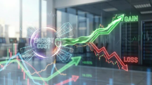 Seamless loop market divergence animation, energy cost impact on financial performance.