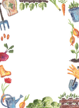 Gardening and planting. Vector frame from hand painted decoration elements.