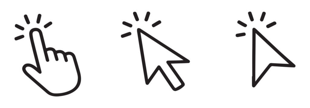 Pointer cursor сomputer mouse icon. Clicking cursor, pointing hand clicks icons. Click cursor. Vector Illustration.