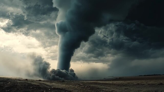 Dramatic Tornado Formation in Dark Stormy Sky Over Open Landscape