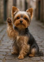 Fototapeta premium Adorable Yorkshire Terrier waving paw.