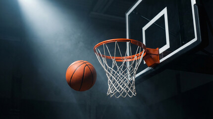 Naklejka premium Basketball flying into hoop – intense dunk shot moment in dark arena, sports competition action concept