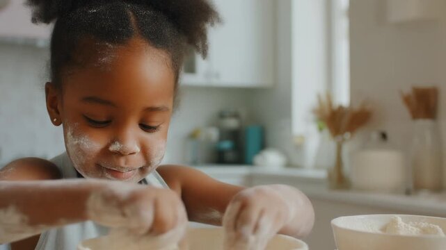 Kleines M&auml;dchen spielt mit Mehl beim Backen in der K&uuml;che