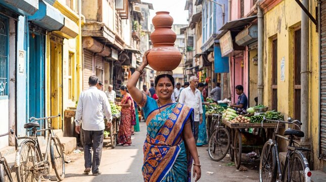 Woman in colorful sari carrying stacked clay pots on her head while walking through bustling street market with vendors and bicycles, vibrant buildings and local produce creating lively atmosphere