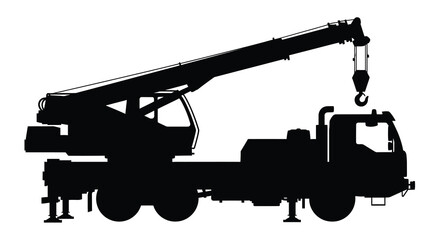 Black silhouette of a mobile crane with extended boom and hook © Rabbi