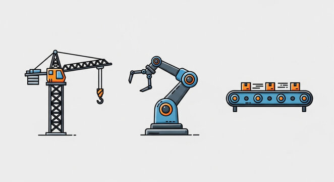 Industrial machinery including crane robot arm and conveyor belt.