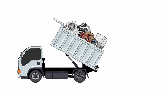 Animation of dump truck unloading household junk and scrap metal