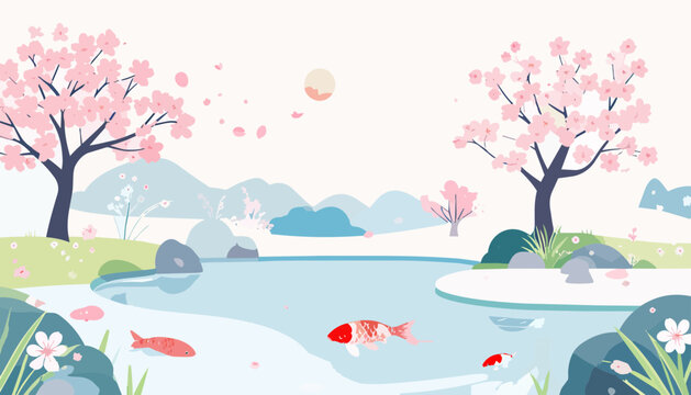Japanese cherry tree with pink cherry blossoms in spring by lake with snow illustrator drawing, Serene garden with a koi pond and cherry blossom trees, editable SVG, Vector illustrator drawing