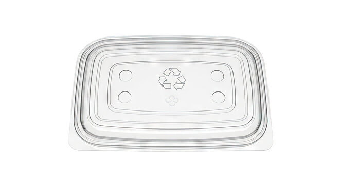 Clear rectangular food container lid with recycling symbol
