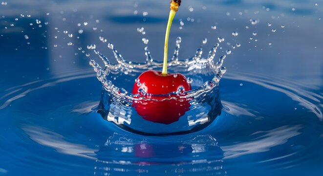 Splashing cherry in water on a blue background 