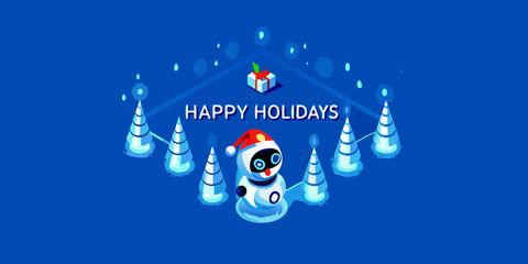Festive robot snowman wishes happy holidays amidst glowing winter scenery © Apurba