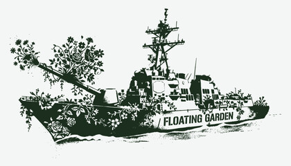 Satirical anti war street art illustration of a naval warship covered in flowers as a floating garden © 777SKYLABS