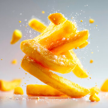 Golden Crispy Potato Fries Levitating With Salt Crystals And Seasoning On Grey Background