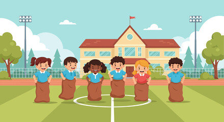 Fototapeta premium Children play sack race outside school during a sports day event in sunny weather with grass field and school building in the background
