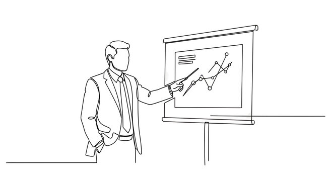 Continuous Line Drawing of Businessman Giving a Business Presentation Pointing to Graph on Whiteboard