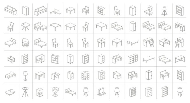 Collection of Isometric Furniture Icons for Design Projects.
