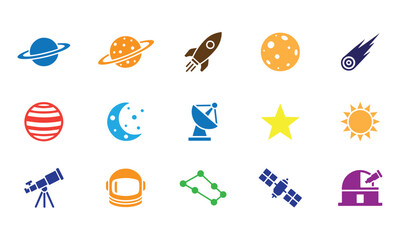 Cosmic Adventure Space and Astronomy Icon Set with Planets, Rockets, Stars, and Exploration Elements © Masud