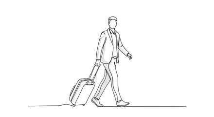 Obraz premium Continuous line drawing of a businessman walking with a suitcase, minimalist vector illustration of a professional man on a business trip or traveling.