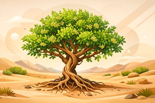 Salvadora Oleoides (Miswak) Stylized Desert Tree Modern Vector Illustration 