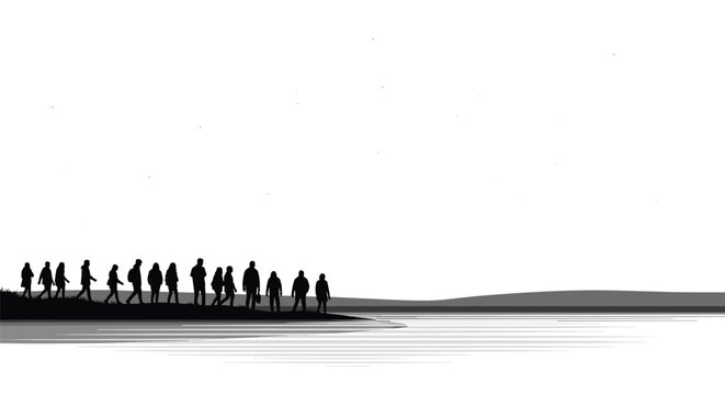 Monochromatic silhouette of a large group of people walking along a serene shoreline captured in a stark high contrast black and white artistic style.