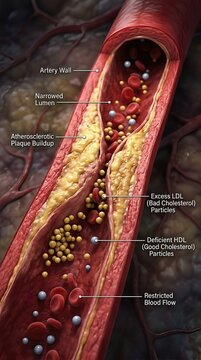 Vessel degeneration process: cholesterol level, artery health, plaque buildup, vascular disease, blood flow, lipid profile, cardiac risk, lumen narrowing.