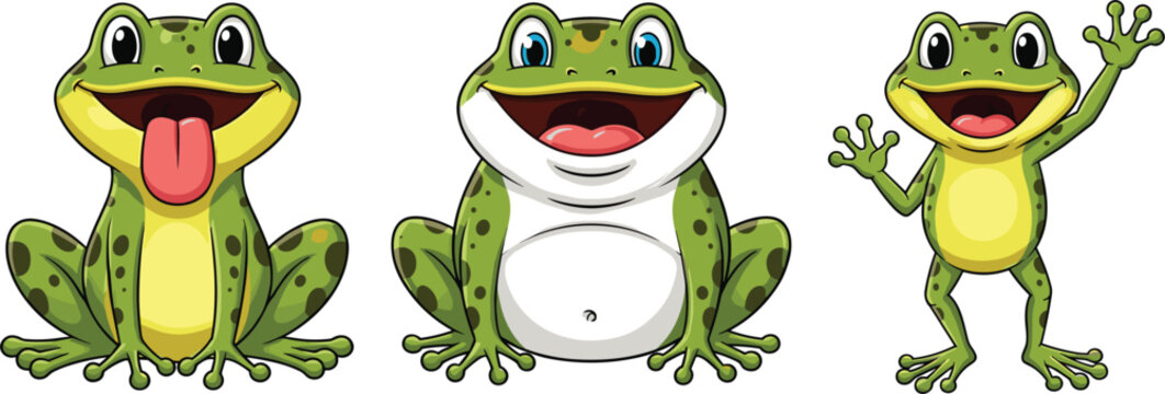Playful Cartoon Frog Character Set with Different Poses and Expressions, Ideal for Kids Illustrations and Nature Graphics