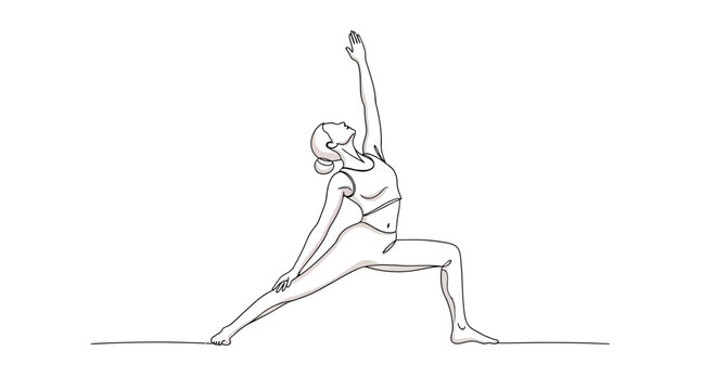 Continuous line drawing of a woman practicing yoga in reverse warrior pose. Minimalist vector illustration of female athlete stretching for wellness and mindfulness concept.
