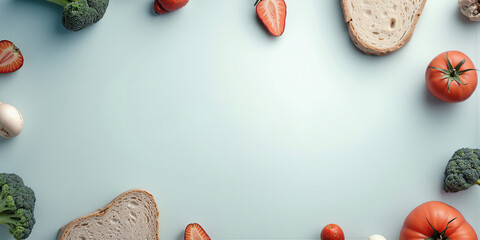 Fototapeta premium Display features fresh vegetables and bread forming appealing border around center