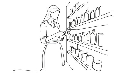 Obraz premium Continuous line art illustration of a woman using a smartphone to check a shopping list or price while standing in front of shelves in a grocery store or pharmacy.