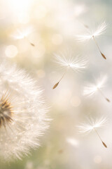 Obraz premium Delicate dandelion seeds drifting in soft sunlight ambiance