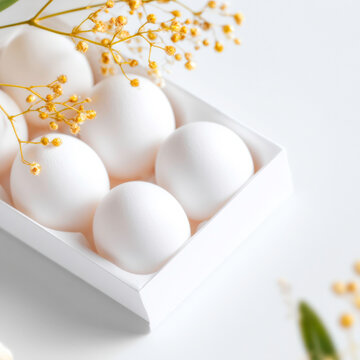 Organic White Eggs In Rustic Wooden Tray Decorated With Spring Flowers On White Background
