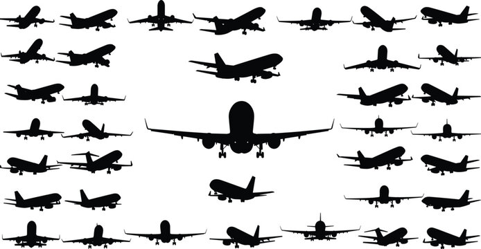 Set of black airplane silhouettes featuring various aircraft types including commercial jets, cargo planes, and passenger airliners in flight from different angles.