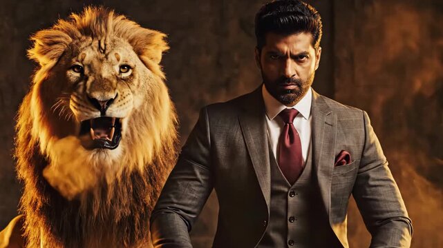 A Powerful Man in a Suit Stands Beside a Roaring Lion, Symbolizing Strength and Dominance.