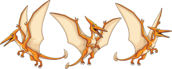 Cartoon Pterodactyl Characters with Wings in Various Poses, Ideal for Prehistoric and Dinosaur Illustrations © MdMonirul