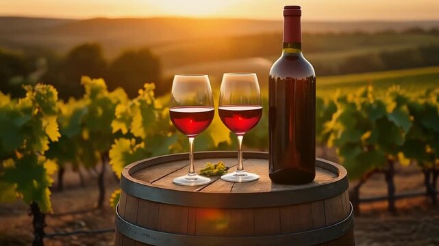 Rotwein auf einem Weinfass im Weinberg bei Sonnenuntergang