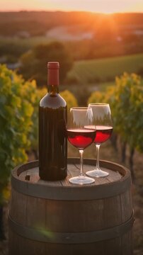 Rotwein auf einem Weinfass im Weinberg bei Sonnenuntergang