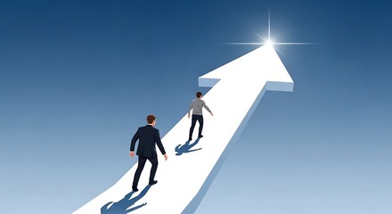Obraz premium Two figures walk up a white arrow towards a shining light