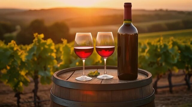 Rotwein auf einem Weinfass im Weinberg bei Sonnenuntergang