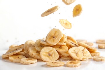 Fototapeta premium Dried banana slices falling in pile on white background with fruit snack, banana chips